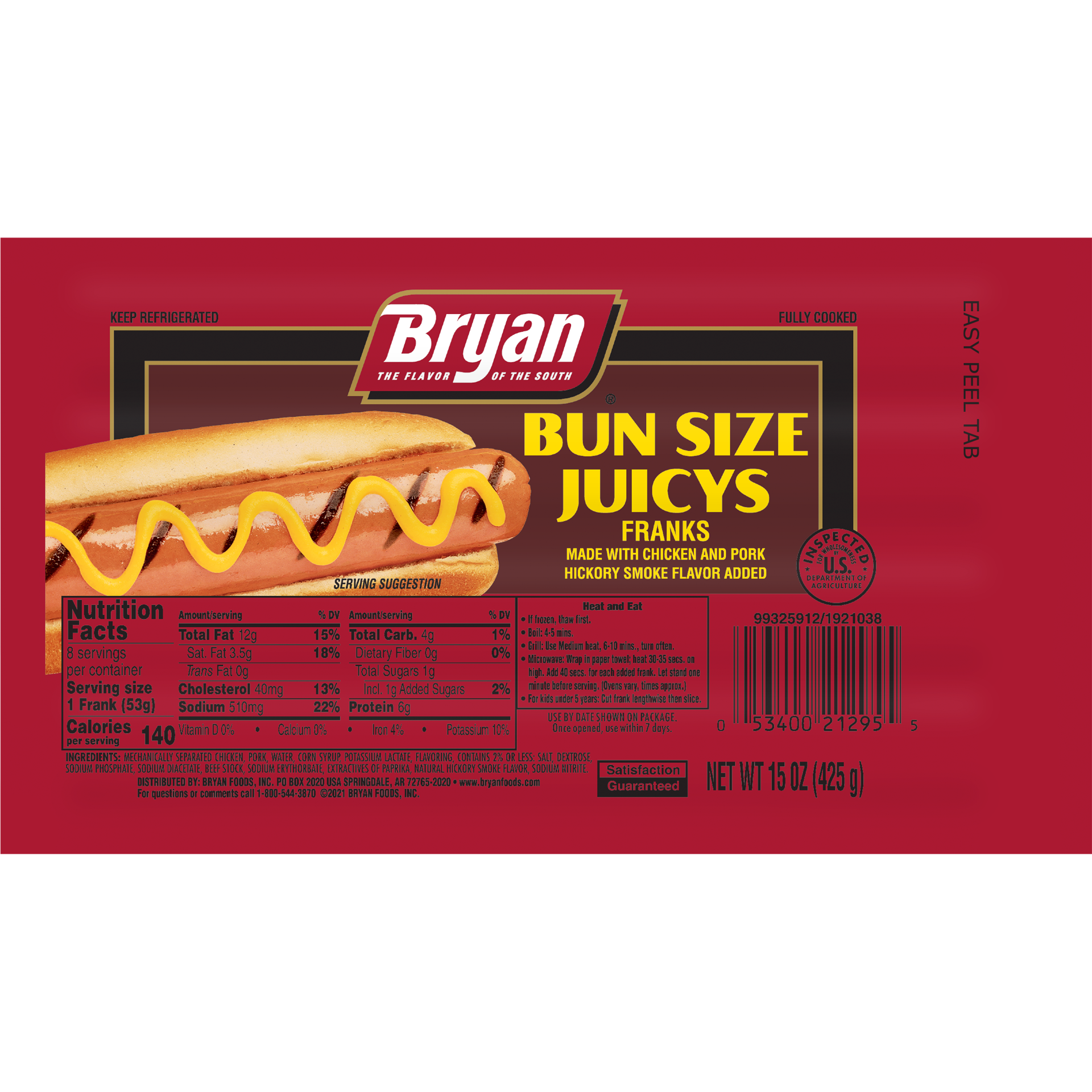 slide 1 of 7, Bryan Juicy Bun Size Franks, 425.24 g