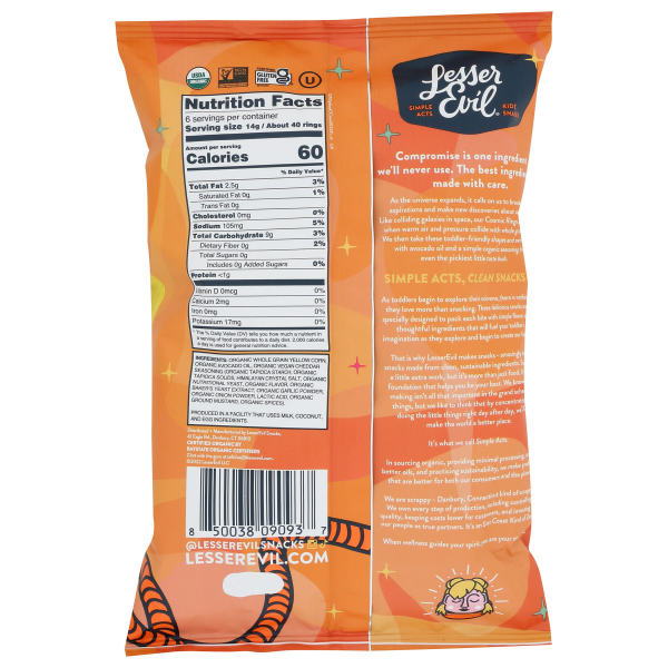 slide 5 of 5, Lesser Evil Cheddar Cosmic Rings, 3 oz