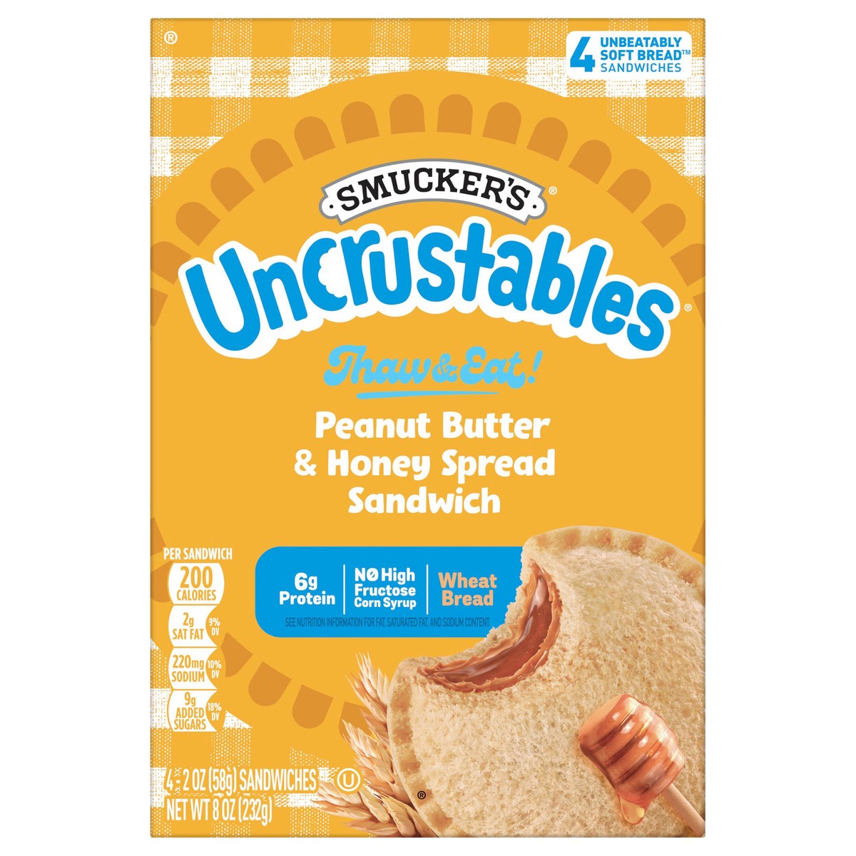 slide 1 of 1, Smucker's Uncrustables Peanut Butter and Honey Spread Sandwiches, 2 oz, 4 count (Frozen), 4 ct