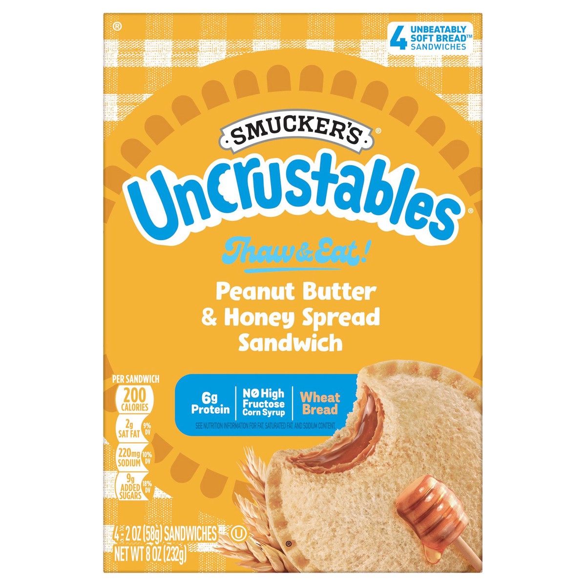 slide 1 of 1, Smucker's Smucker’s Uncrustables Peanut Butter & Honey Spread Sandwiches, 4 Count, 2 Oz. Each, Frozen, 4 ct