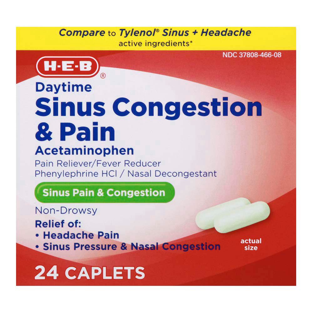 slide 1 of 1, H-E-B Daytime Sinus Congestion & Pain Caplets, 24 ct