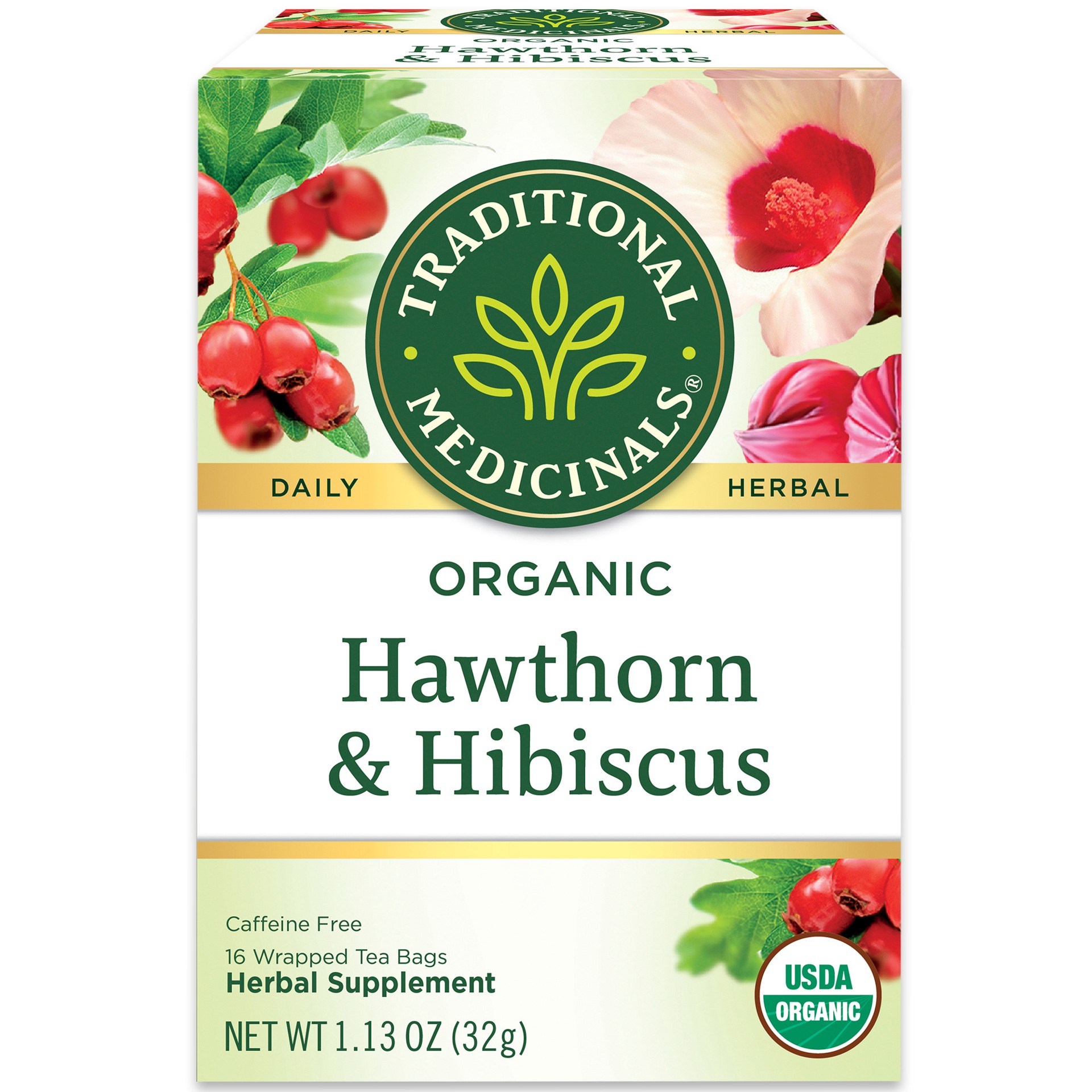 slide 1 of 1, Traditional Medicinals Organic Hawthorn with Hibiscus, Caffeine Free Herbal Tea, 16 ct