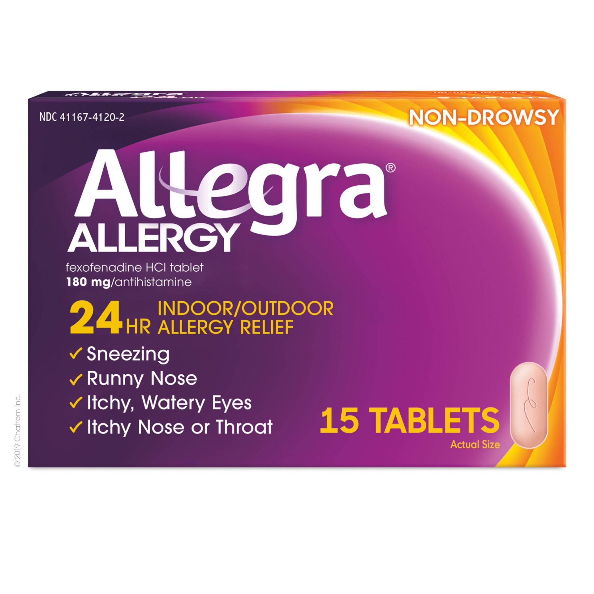 slide 1 of 2, Allegra 24 Hour Non-Drowsy Indoor/Outdoor Allergy Relief Tablets, 15 ct