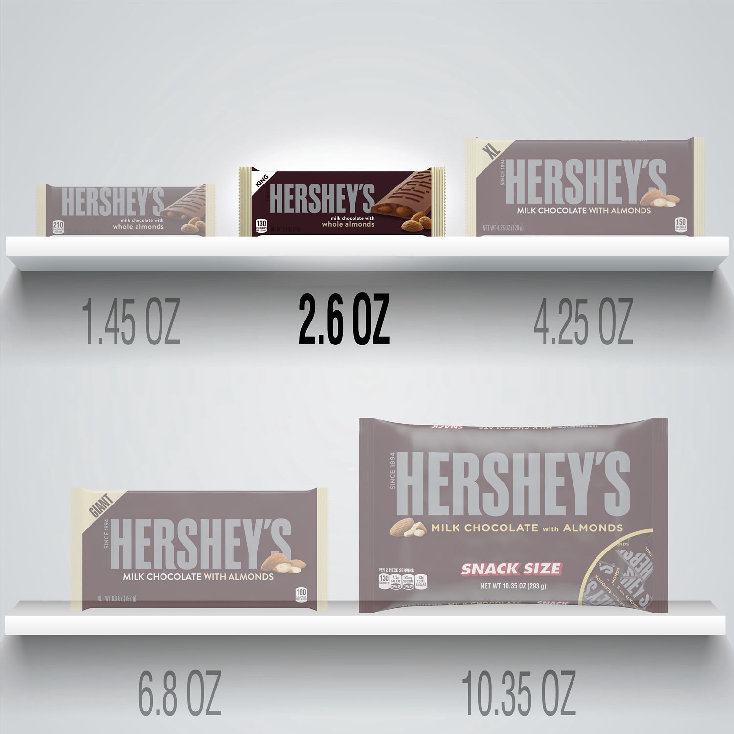 slide 5 of 6, Hershey's Milk Chocolate with Whole Almonds King 18 - 2.6 oz Bars, 18 ct