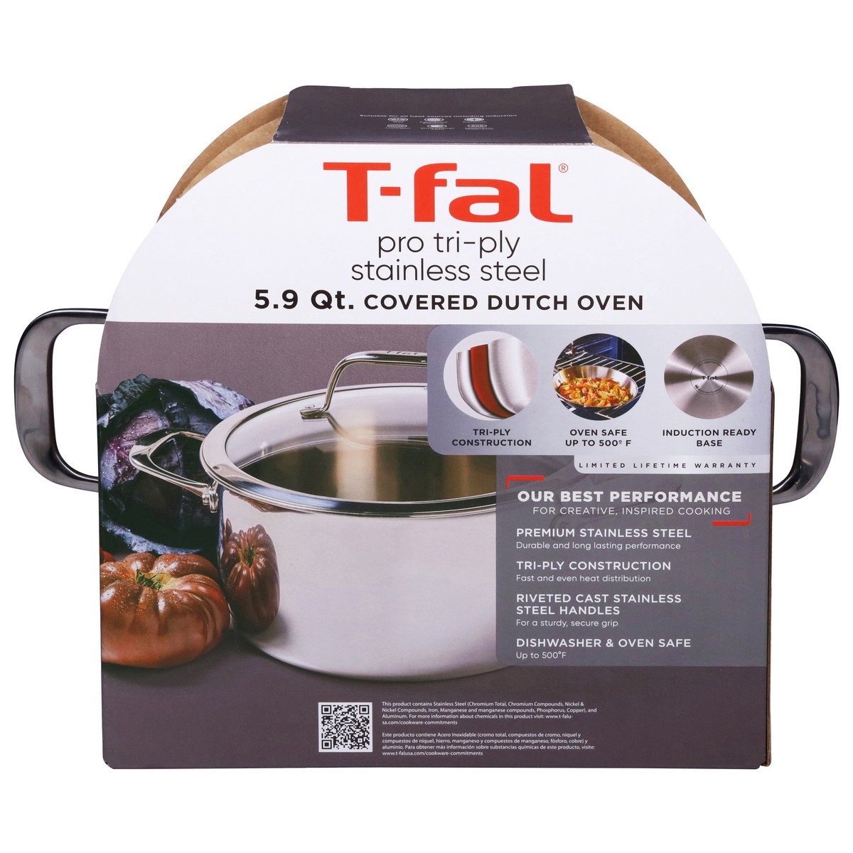 slide 1 of 11, T-fal Pro Tri-Ply Stainless Steel 5.9 Qt Covered Dutch Oven 1 Each, 1 ct