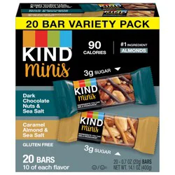 KIND Minis Dark Chocolate Nuts & Sea Salt, Caramel Almond & Sea Salt, Variety Pack, 0.7 oz, 20 Count Box