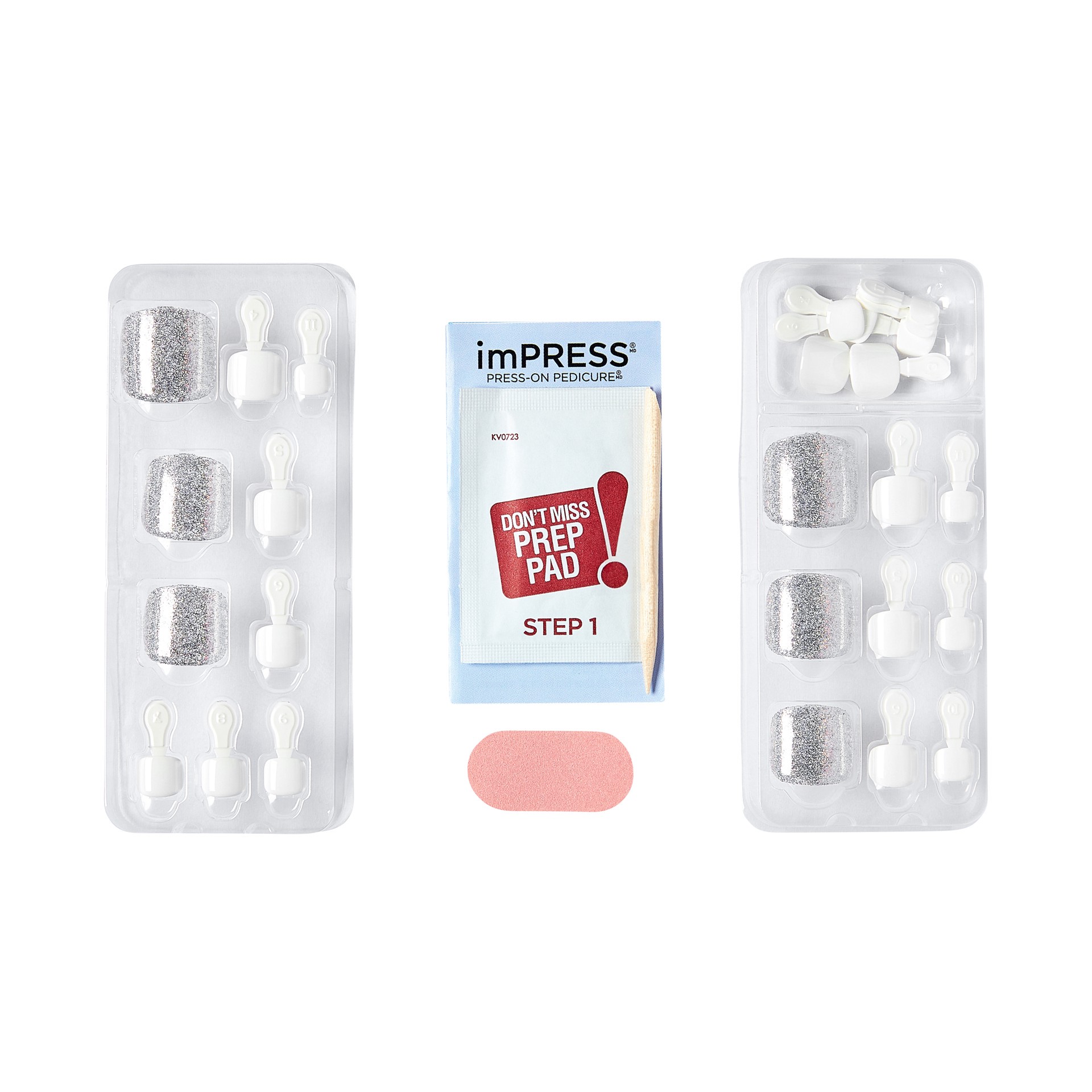 slide 4 of 5, imPRESS KISS imPRESS Press-On Pedicure Glossy Silver Square Fake Toenails – ‘White Sky'' – 30ct, 28 pc