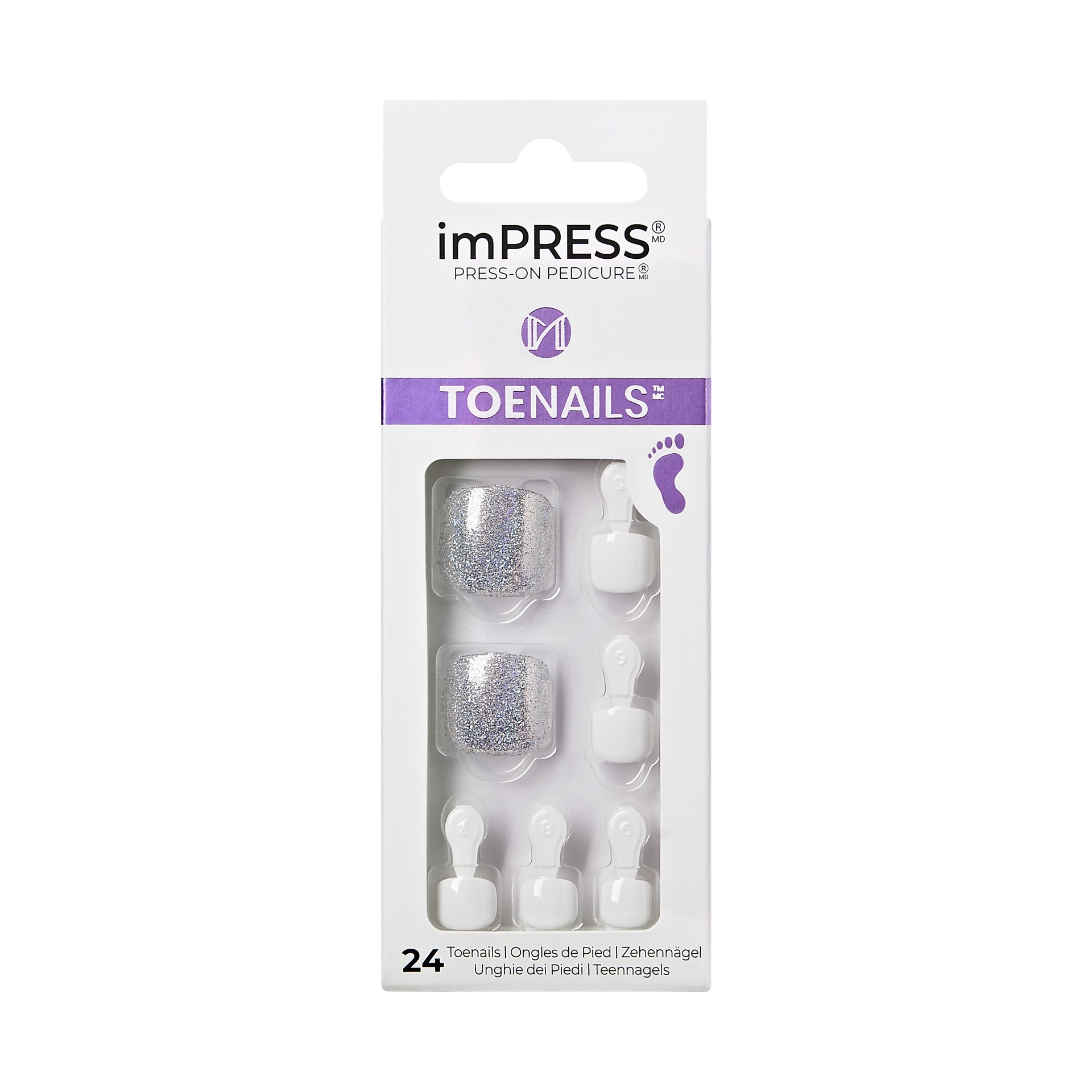 slide 1 of 5, imPRESS KISS imPRESS Press-On Pedicure Glossy Silver Square Fake Toenails – ‘White Sky'' – 30ct, 28 pc