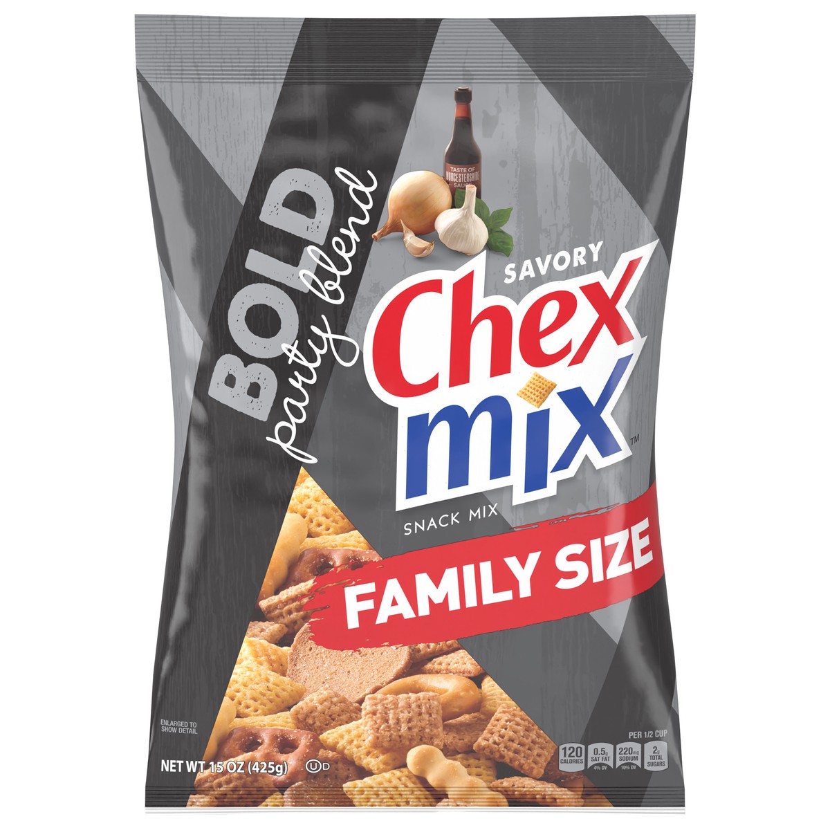 slide 13 of 14, Chex Mix Snack Mix, Bold Party Blend, Savory Snack Bag, Family Size, 15 oz, 15 oz