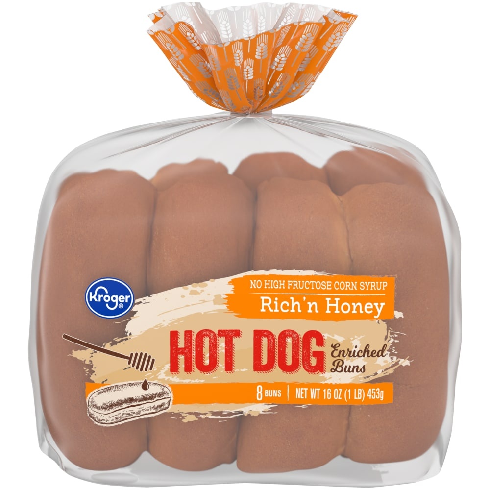 slide 1 of 1, Kroger Rich N Honey Enriched Hot Dog Buns, 8 ct