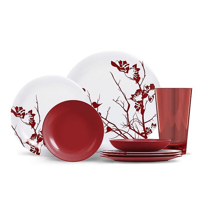 slide 1 of 3, ThermoServ Dogwood Floral Melamine Dinnerware Set - Merlot, 16 ct