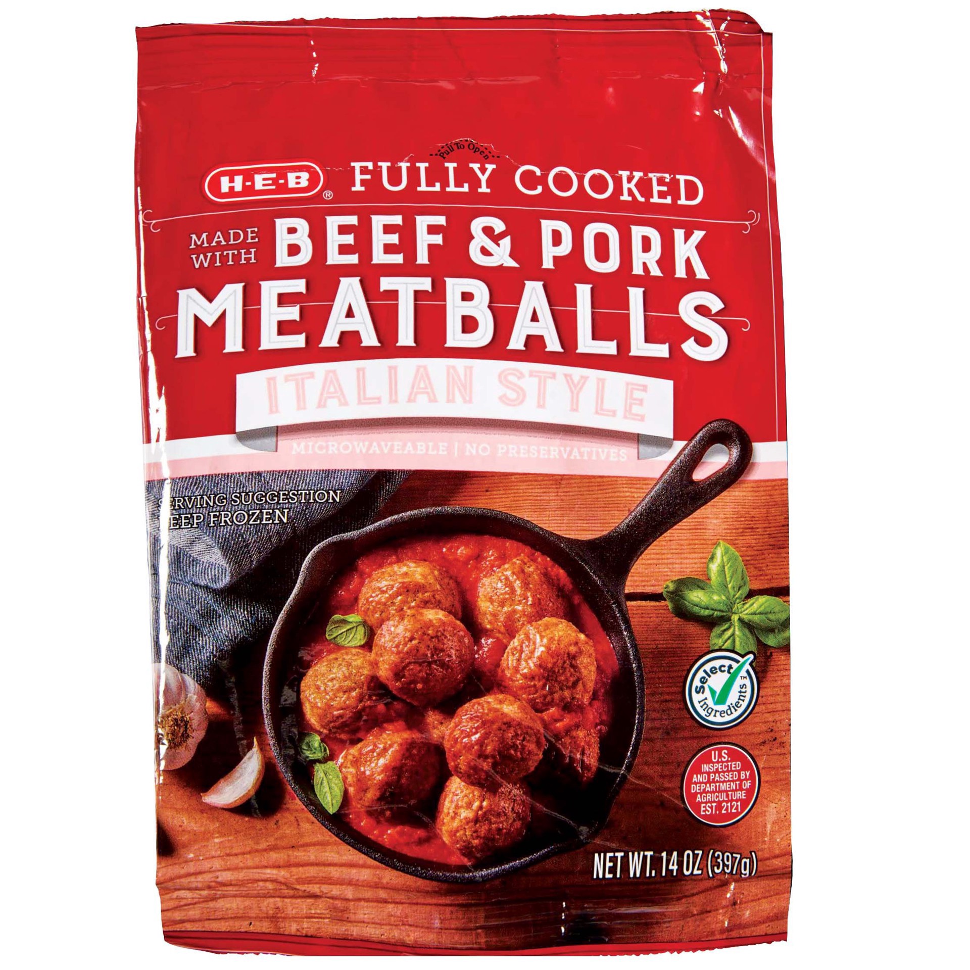 slide 1 of 1, H-E-B Fully Cooked Frozen Beef & Pork Meatballs - Italian Style, 14 oz