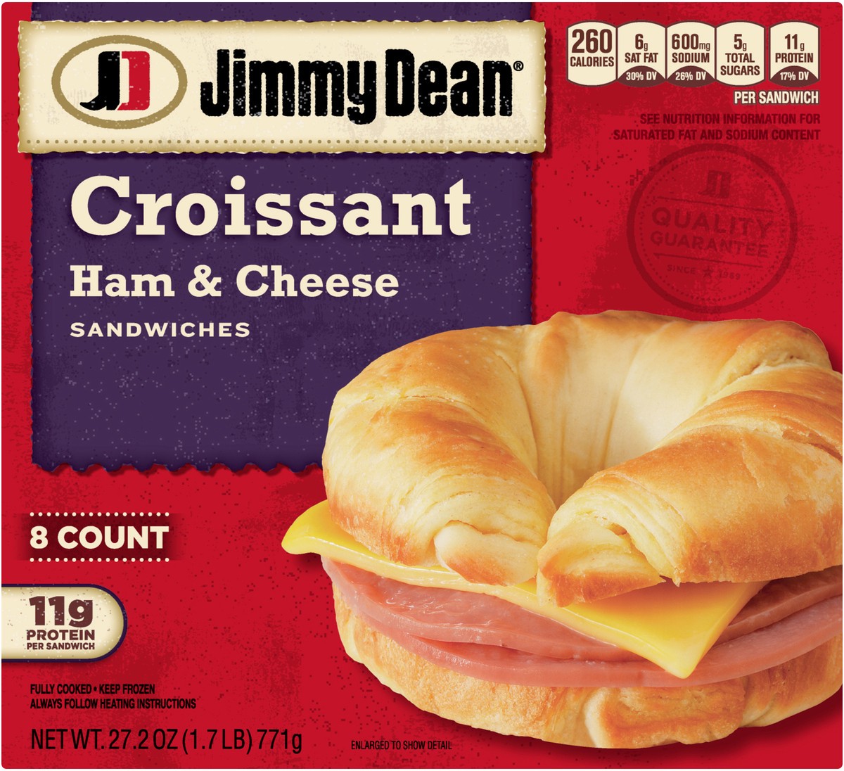 slide 5 of 6, Jimmy Dean Croissant Breakfast Sandwiches with Ham and Cheese, Frozen, 8 Count, 771.11 g