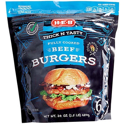 slide 1 of 1, H-E-B Fully Cooked Beef Burgers, 6 ct