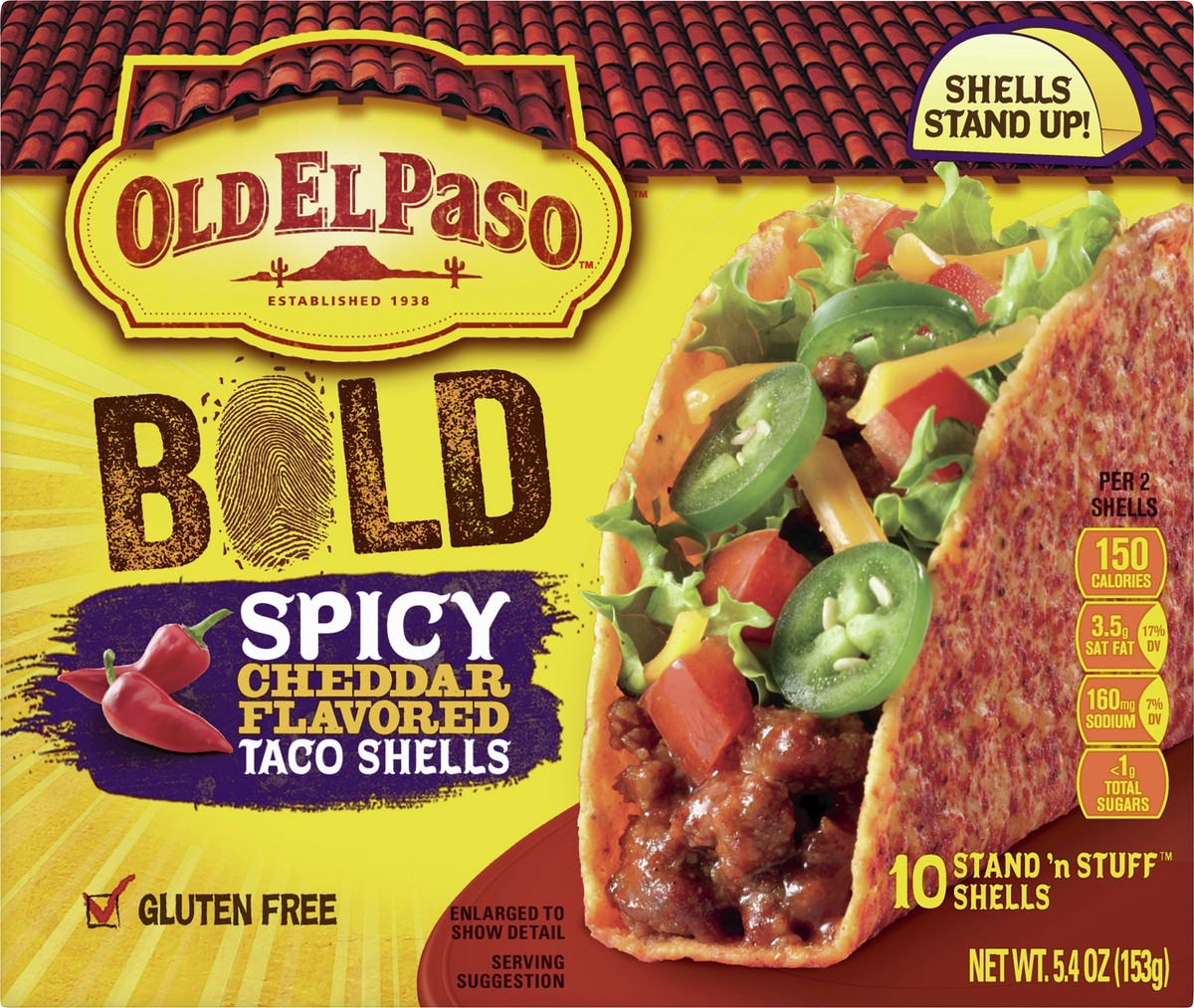 slide 2 of 9, Old El Paso Bold Spicy Cheddar Flavored Taco Shells 10 ea, 10 ct