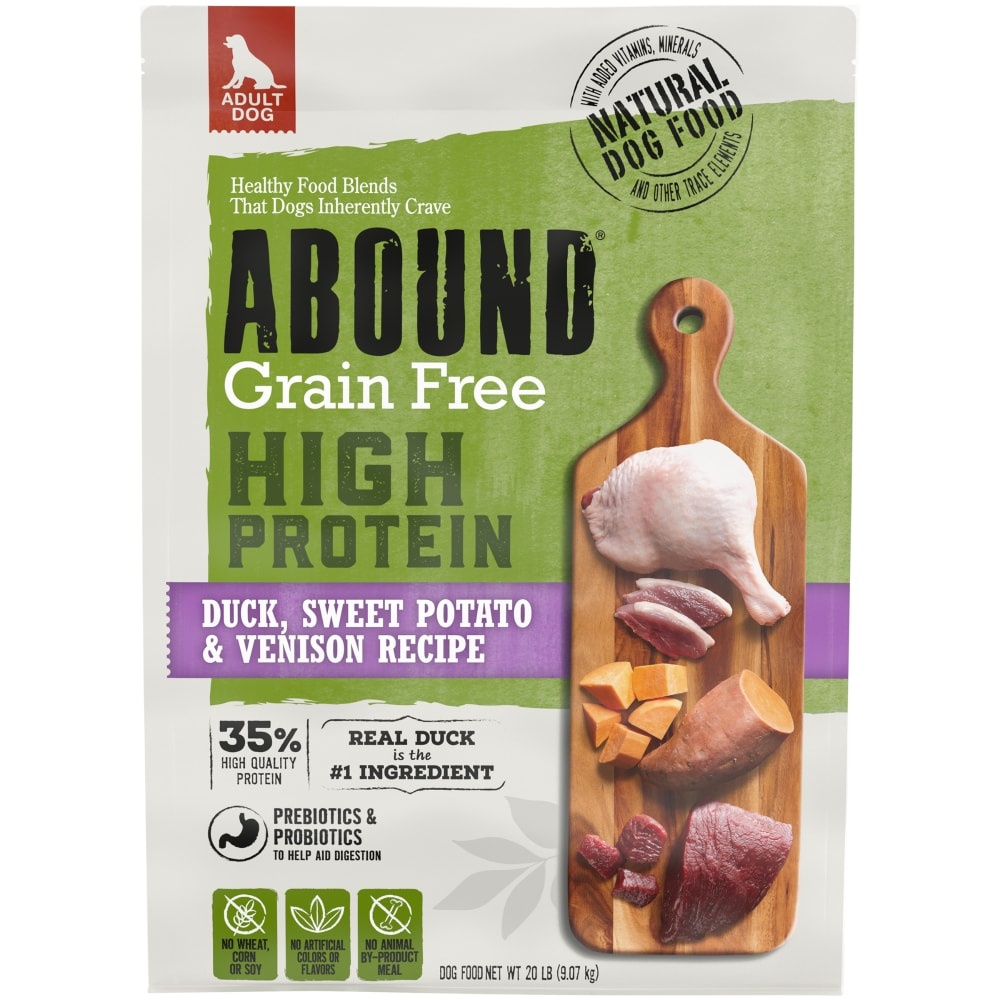 slide 1 of 1, Abound Grain Free High Protein Duck Sweet Potato & Venison Recipe Dry Dog Food, 20 lb