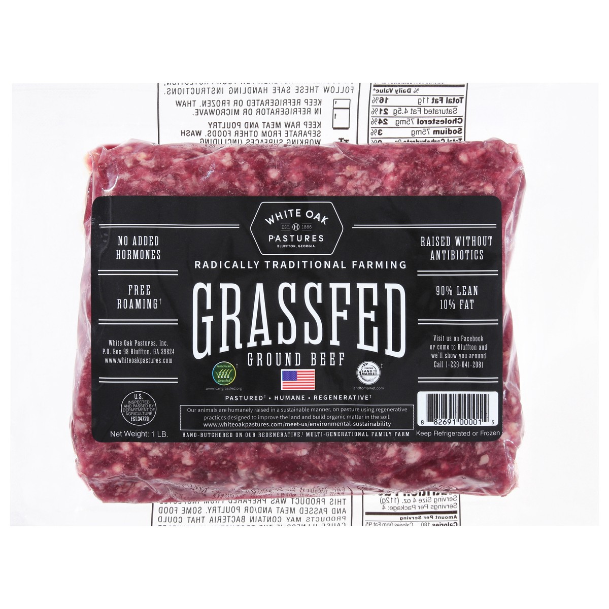 slide 1 of 10, White Oak Pastures 90%/10% Grass Fed Ground Beef 1 lb, 1 lb