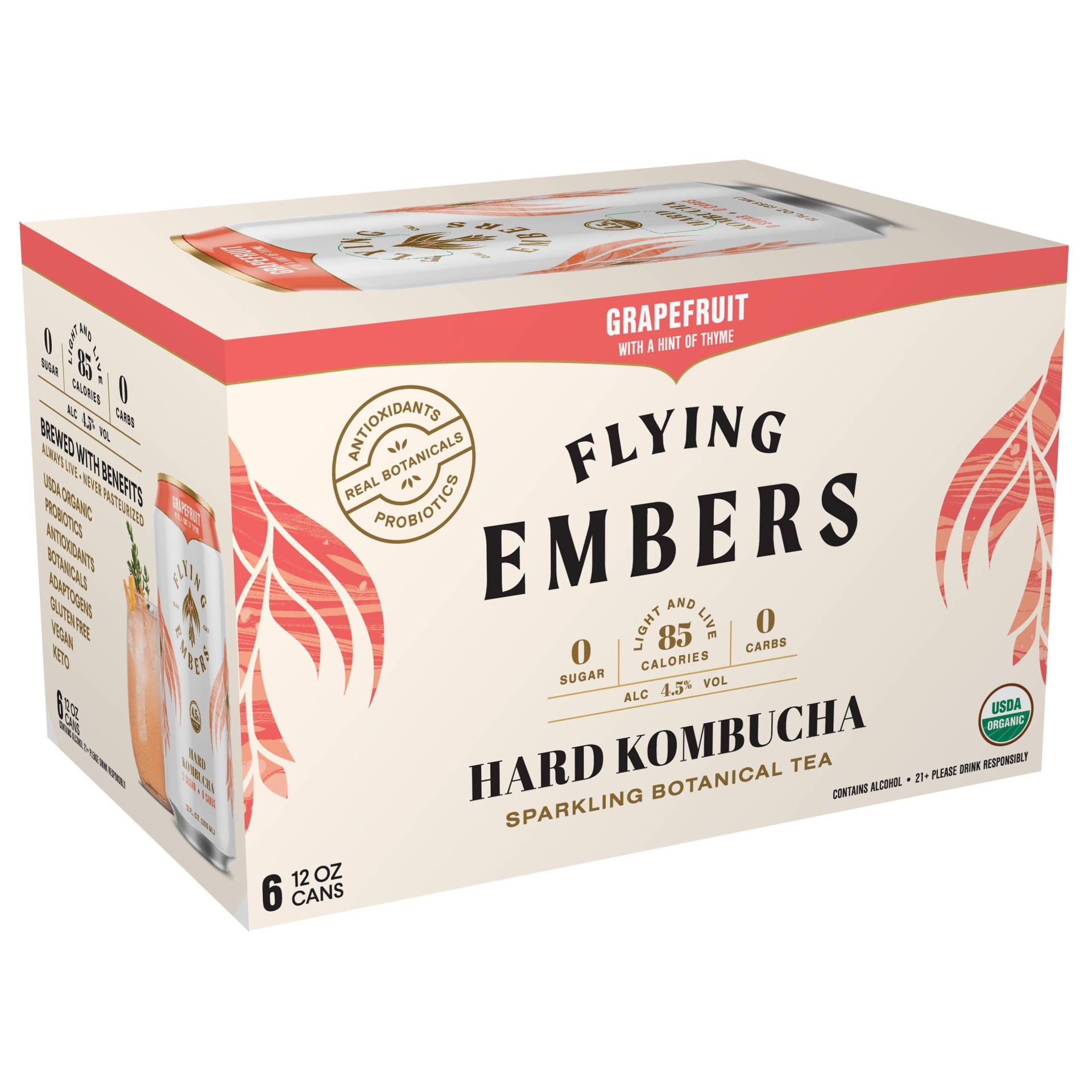 slide 1 of 3, Flying Embers Grapefruit Thyme Hard Kombucha, 6 ct; 12 oz