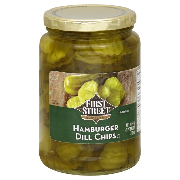 slide 1 of 1, First Street Hamburger Dill Pickle Chips, 24 oz