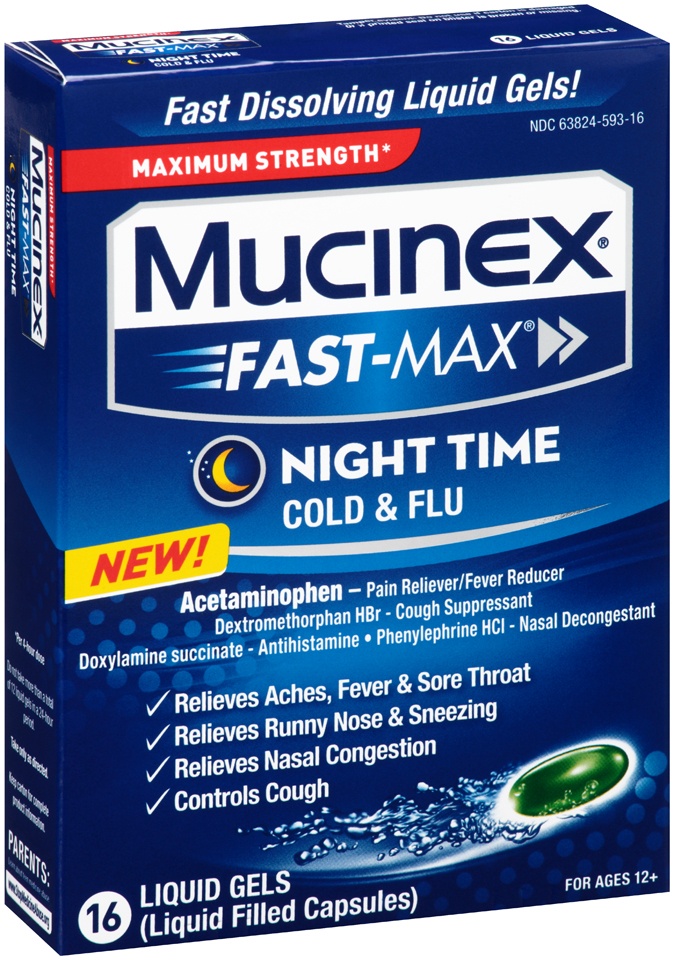 slide 1 of 1, Mucinex Fast-Max Night Time Cold & Flu Liquid Gels Cold & Flu Medicine, 16 ct