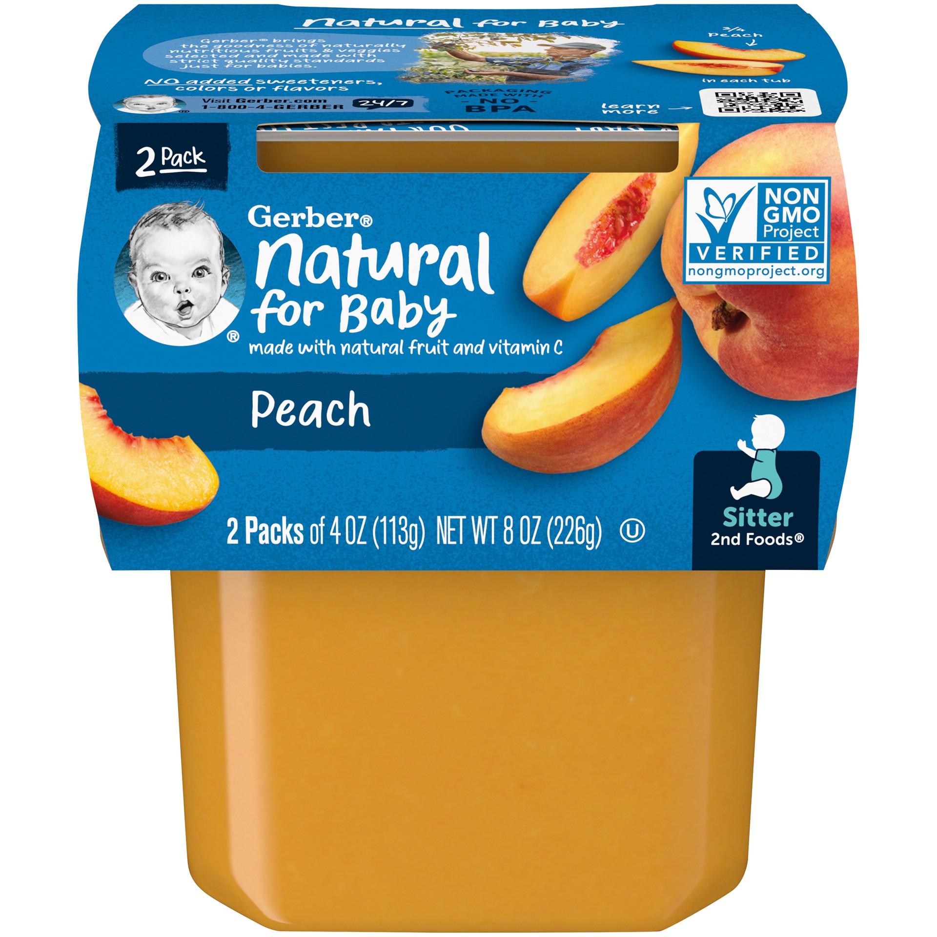 slide 1 of 9, Gerber 2nd Food Baby Food Peach Puree, Clean Label Project, 4 Oz Tubs, 2-Pack, 2 ct