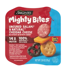 Sargento Mighty Bites Uncured Salami, Natural Mild Cheddar Cheese, Ritz Mini Crackers, & Milk Chocolate Covered Pretzels Snack Kit, 2.8 oz