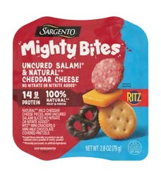Sargento Mighty Bites Uncured Salami, Natural Mild Cheddar Cheese, Ritz Mini Crackers, & Milk Chocolate Covered Pretzels Snack Kit, 2.8 oz