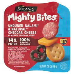 Sargento Mighty Bites Uncured Salami, Natural Mild Cheddar Cheese, Ritz Mini Crackers, & Milk Chocolate Covered Pretzels Snack Kit, 2.8 oz