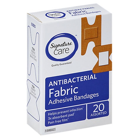 slide 1 of 1, Signature Care Adhesive Bandages Fabric Antibacterial Assorted, 20 ct