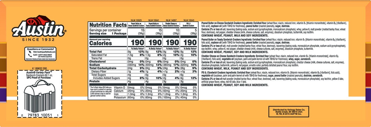 slide 3 of 11, Austin 45 Packs Variety Pack Peanut Butter/Cheddar Cheese/PB & J Cracker 45 ea, 45 ct