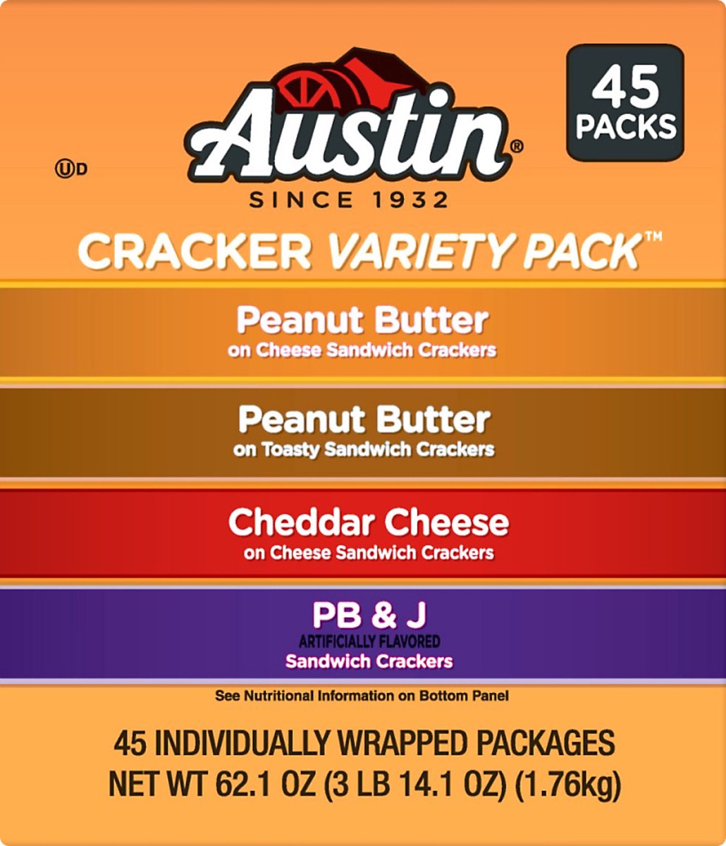 slide 7 of 11, Austin 45 Packs Variety Pack Peanut Butter/Cheddar Cheese/PB & J Cracker 45 ea, 45 ct