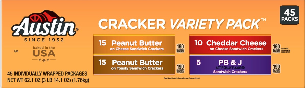 slide 9 of 11, Austin 45 Packs Variety Pack Peanut Butter/Cheddar Cheese/PB & J Cracker 45 ea, 45 ct