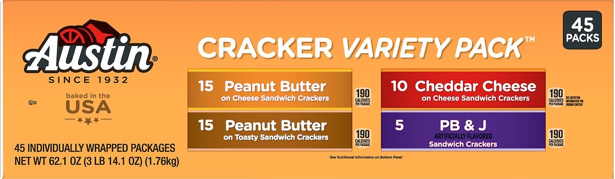 slide 5 of 11, Austin 45 Packs Variety Pack Peanut Butter/Cheddar Cheese/PB & J Cracker 45 ea, 45 ct