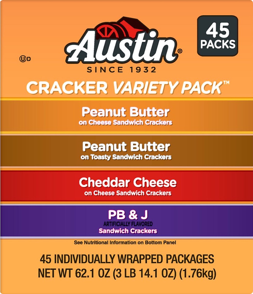 slide 8 of 11, Austin 45 Packs Variety Pack Peanut Butter/Cheddar Cheese/PB & J Cracker 45 ea, 45 ct