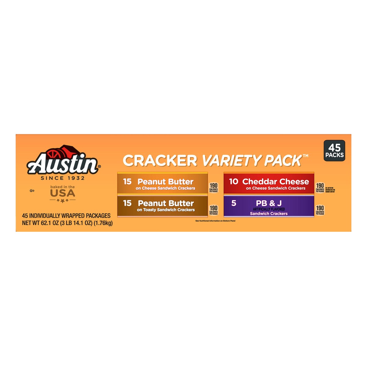 slide 2 of 11, Austin 45 Packs Variety Pack Peanut Butter/Cheddar Cheese/PB & J Cracker 45 ea, 45 ct