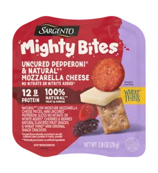 Sargento Mighty Bites Uncured Pepperoni, Natural Mozzarella Cheese, Wheat Thins Mini Original Crackers, Cherries & Berries Natural Flavored Fruit Snacks Snack Kit, 2.8 oz