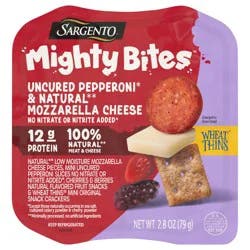 Sargento Mighty Bites Uncured Pepperoni, Natural Mozzarella Cheese, Wheat Thins Mini Original Crackers, Cherries & Berries Natural Flavored Fruit Snacks Snack Kit, 2.8 oz