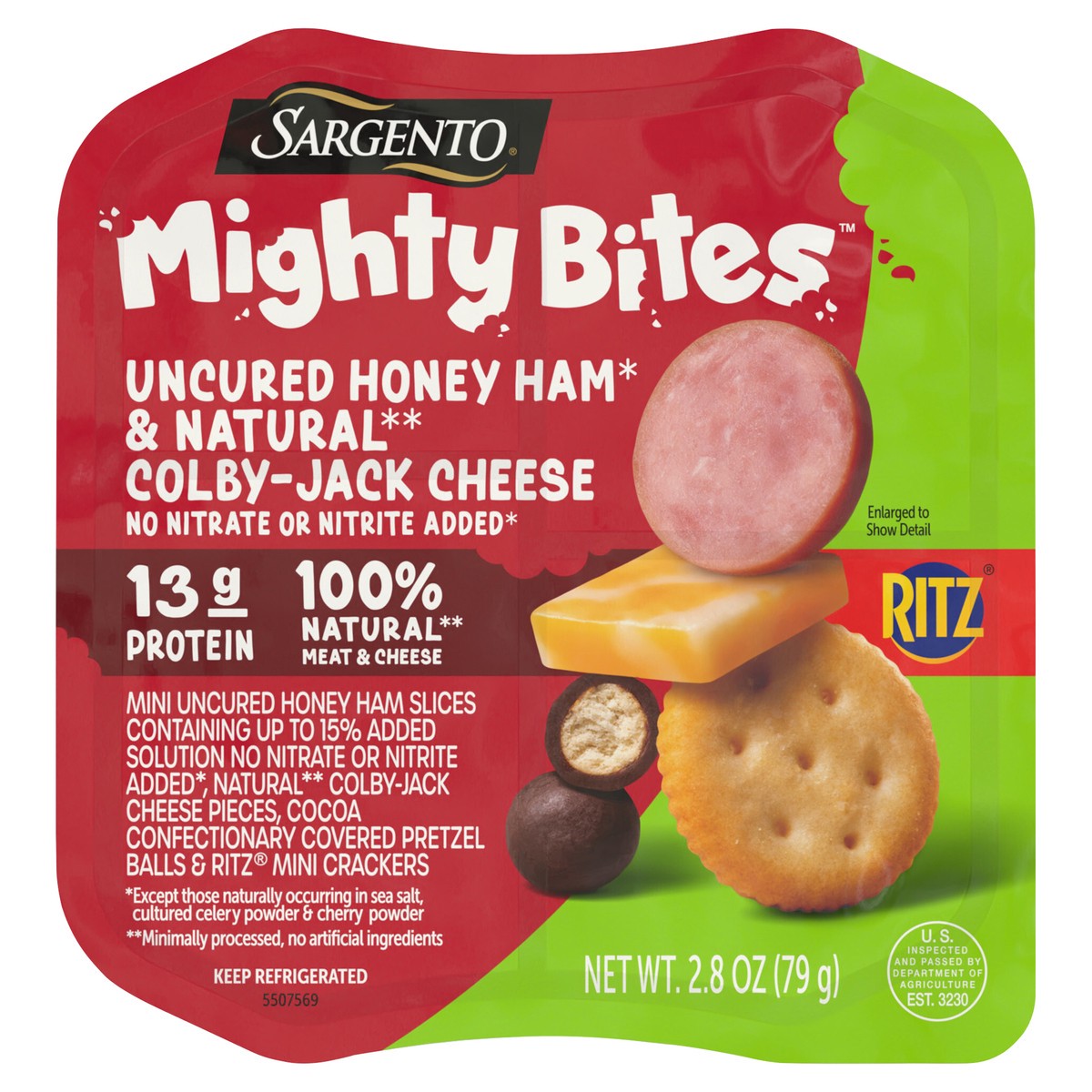 slide 1 of 14, Sargento Mighty Bites Uncured Honey Ham Cubed Jack Cheese - 2.8 oz, 2.8 oz