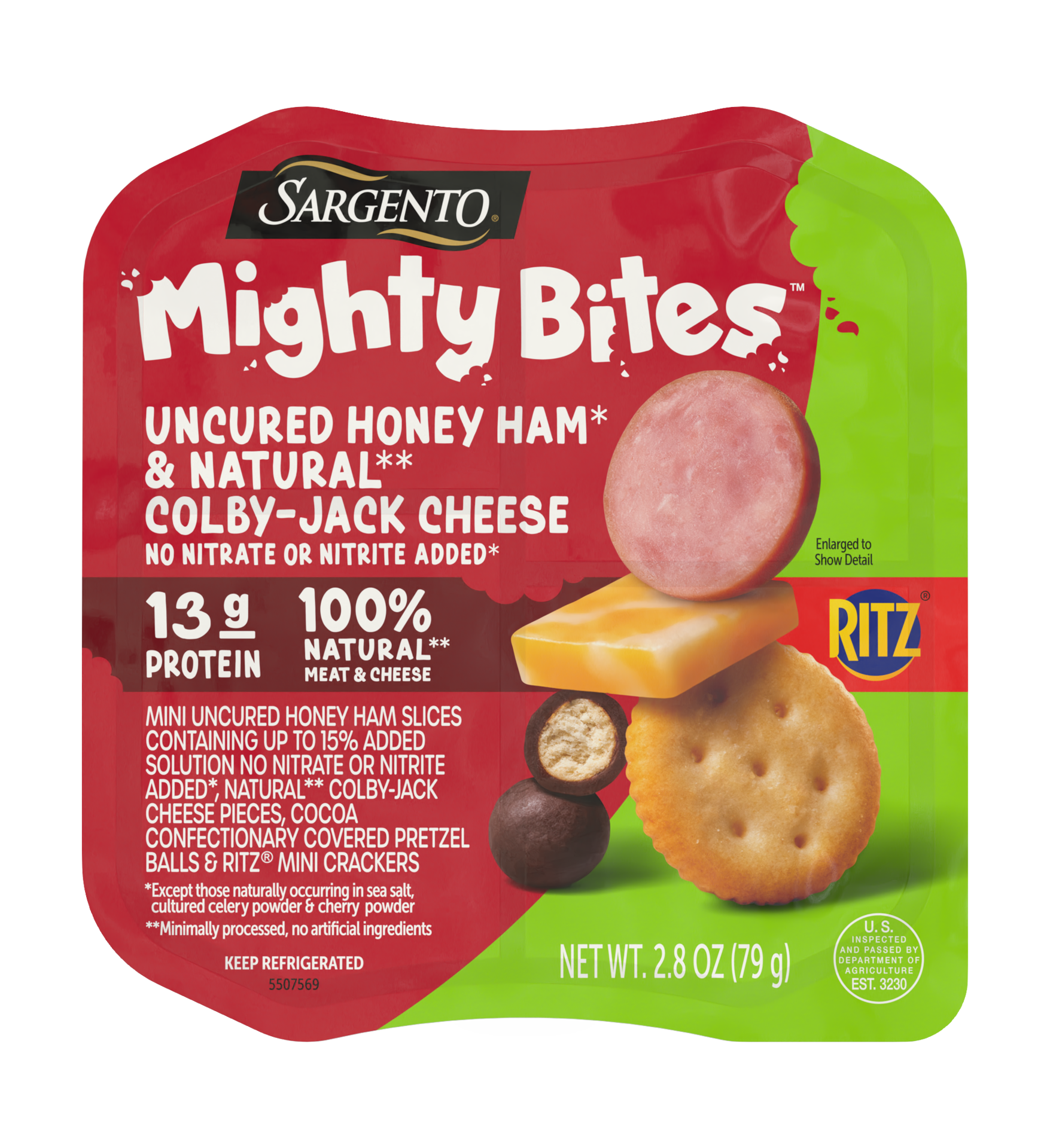slide 1 of 14, Sargento Mighty Bites Uncured Honey Ham Cubed Jack Cheese - 2.8 oz, 2.8 oz