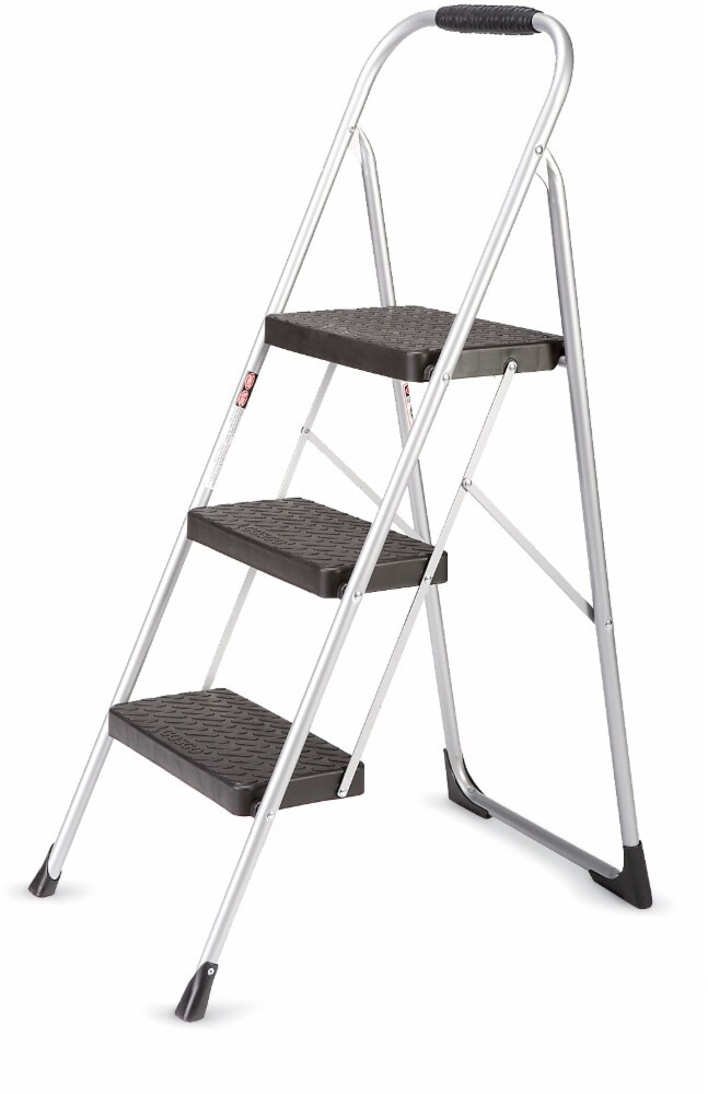 slide 1 of 1, Cosco 3-Step Big Step Folding Step Stool With Rubber Hand Grip - Platinum/Black, 17.7 in x 45.59 in x 27.95 in