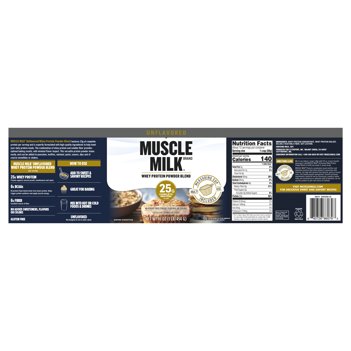 slide 1 of 1, Muscle Milk 100% Whey Unflavored Protein Powder, 16 oz