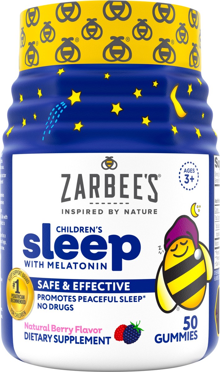 slide 4 of 5, Zarbee's Naturals Kids 1 mg Melatonin Gummy, Drug-Free & Effective Sleep Supplement for Children Ages 3 and Up, Natural Berry Flavored Gummies, Multi-Colored, 50 Count, 50 ct