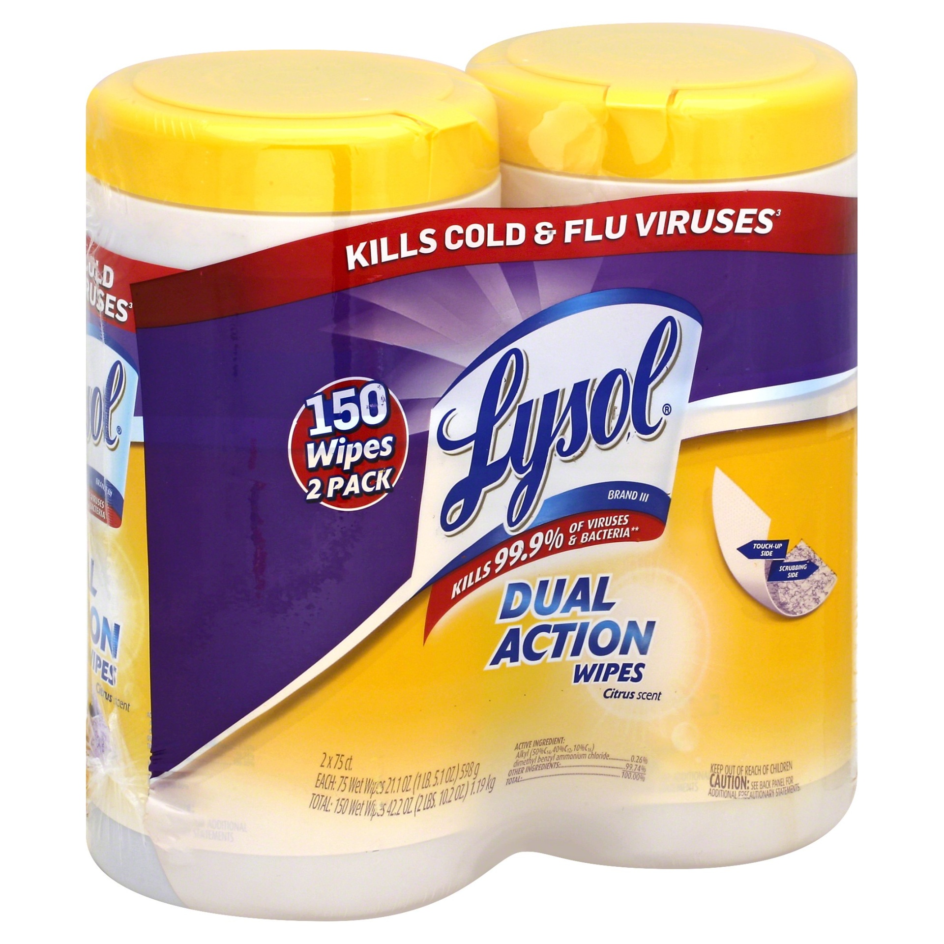 slide 1 of 1, Lysol Dual Action Disinfecting Wipes - Citrus - Two Packwipes, 150 ct