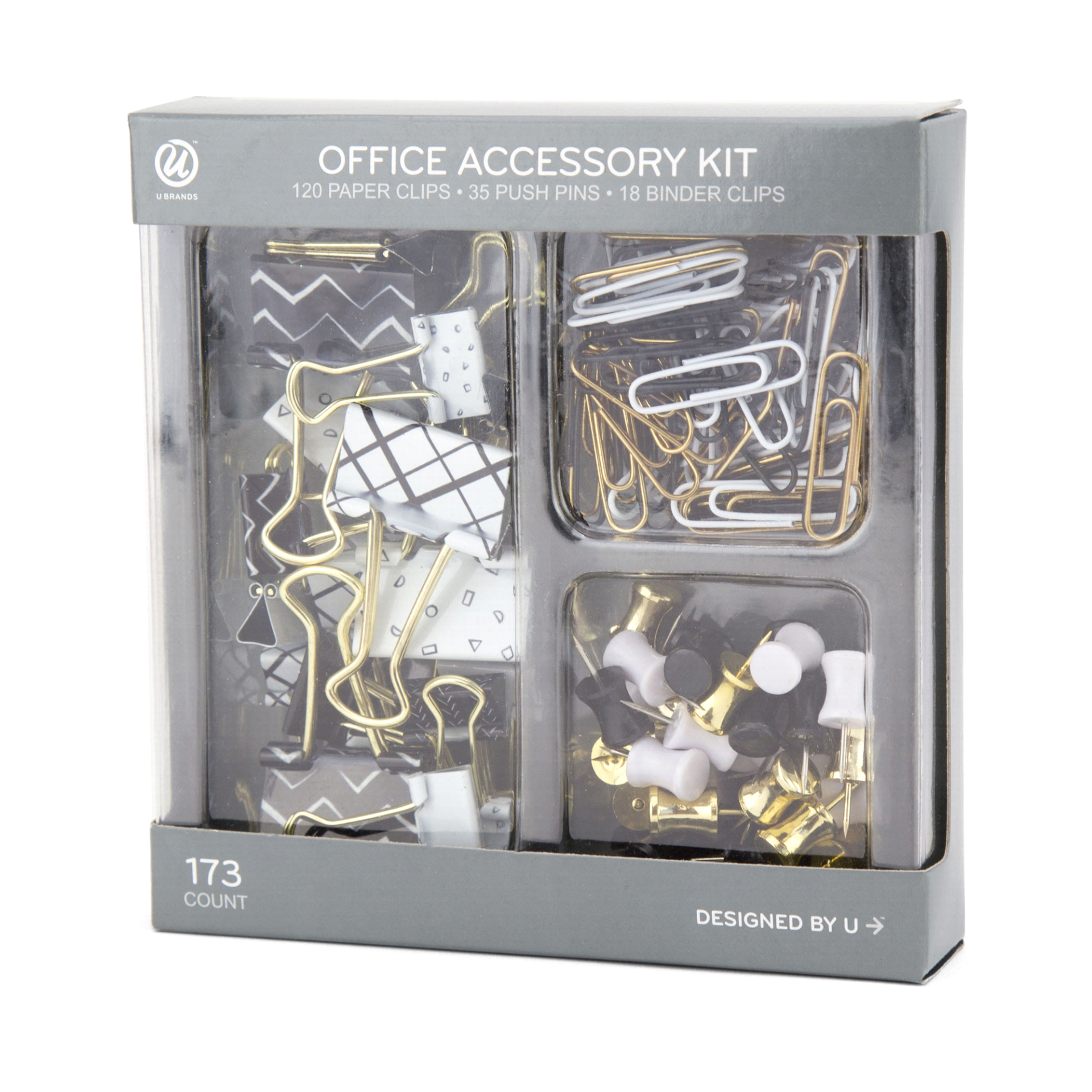 slide 1 of 1, U Brands Binder Clips Paper Clips and Push Pins Value Pack, Black White and Gold, 173 ct