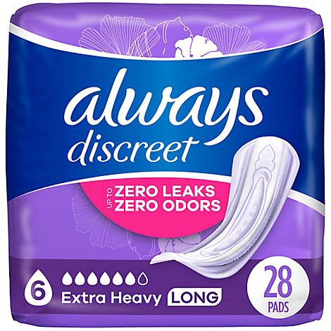 slide 1 of 1, Always Discreet Extra Heavy Long Up To 100% Leak Free Protection Incontinence Pads - 28 Count, 28 ct