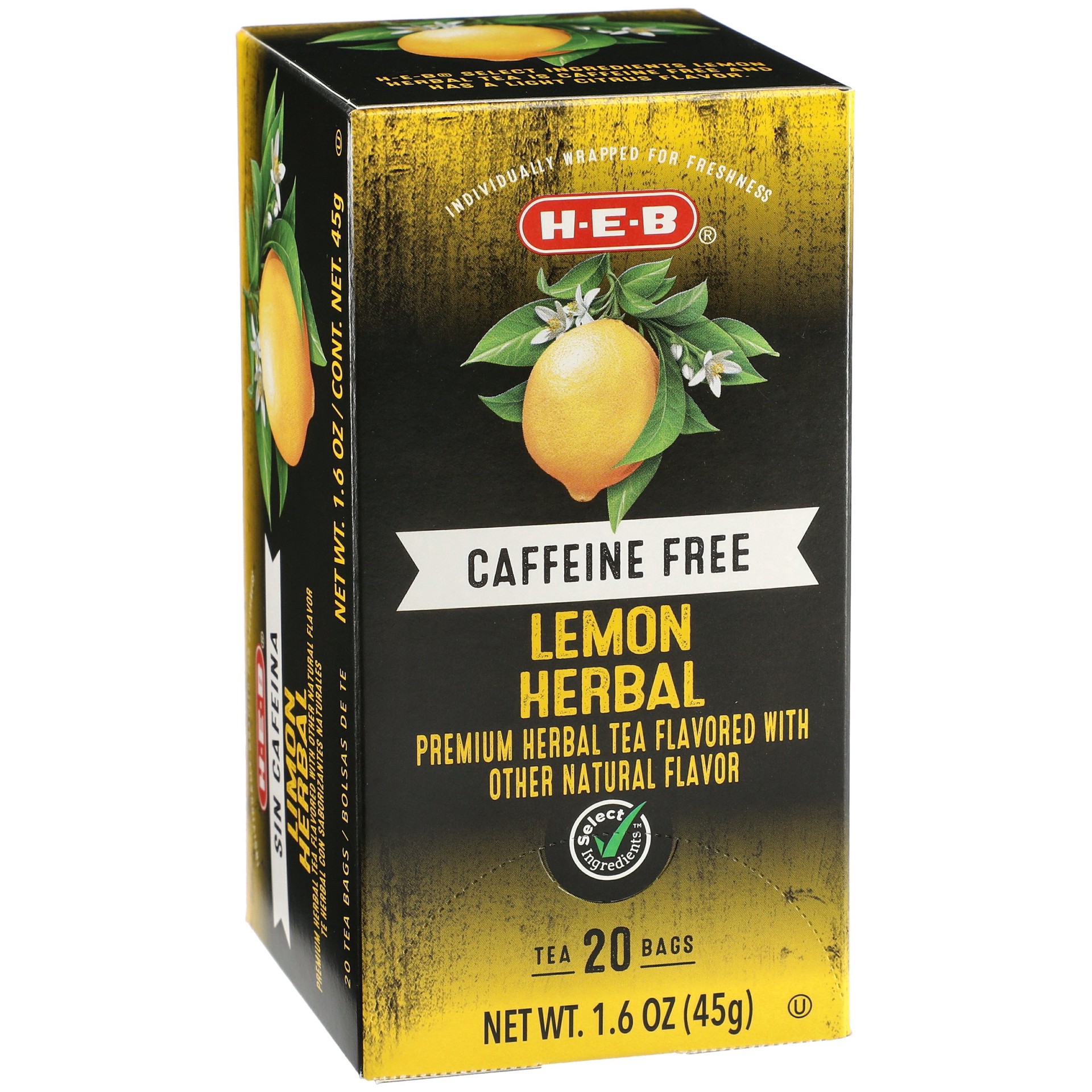 slide 1 of 1, H-E-B Select Ingredients Lemon Herbal Caffeine Free Tea Bags - 20 ct, 20 ct