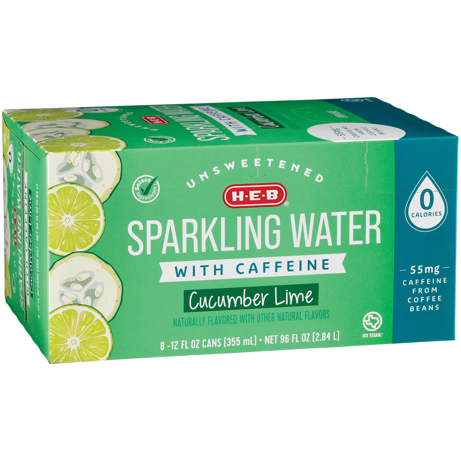 slide 1 of 1, H-E-B Unsweetened Caffeinated Sparkling Water 8 pk Cans - Cucumber Lime, 8 ct