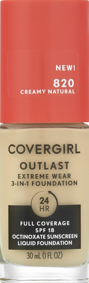 slide 8 of 9, Covergirl Outlast Extreme Wear 3-in-1 Full Coverage Liquid Foundation, SPF 18 Sunscreen, Creamy Natural, 1 Fl. Oz., 30 ml