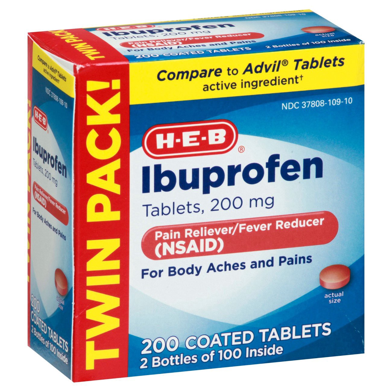 slide 1 of 1, H-E-B Ibuprofen Fever & Pain Relief Coated Tablets – 200 mg Twin Pack, 200 ct