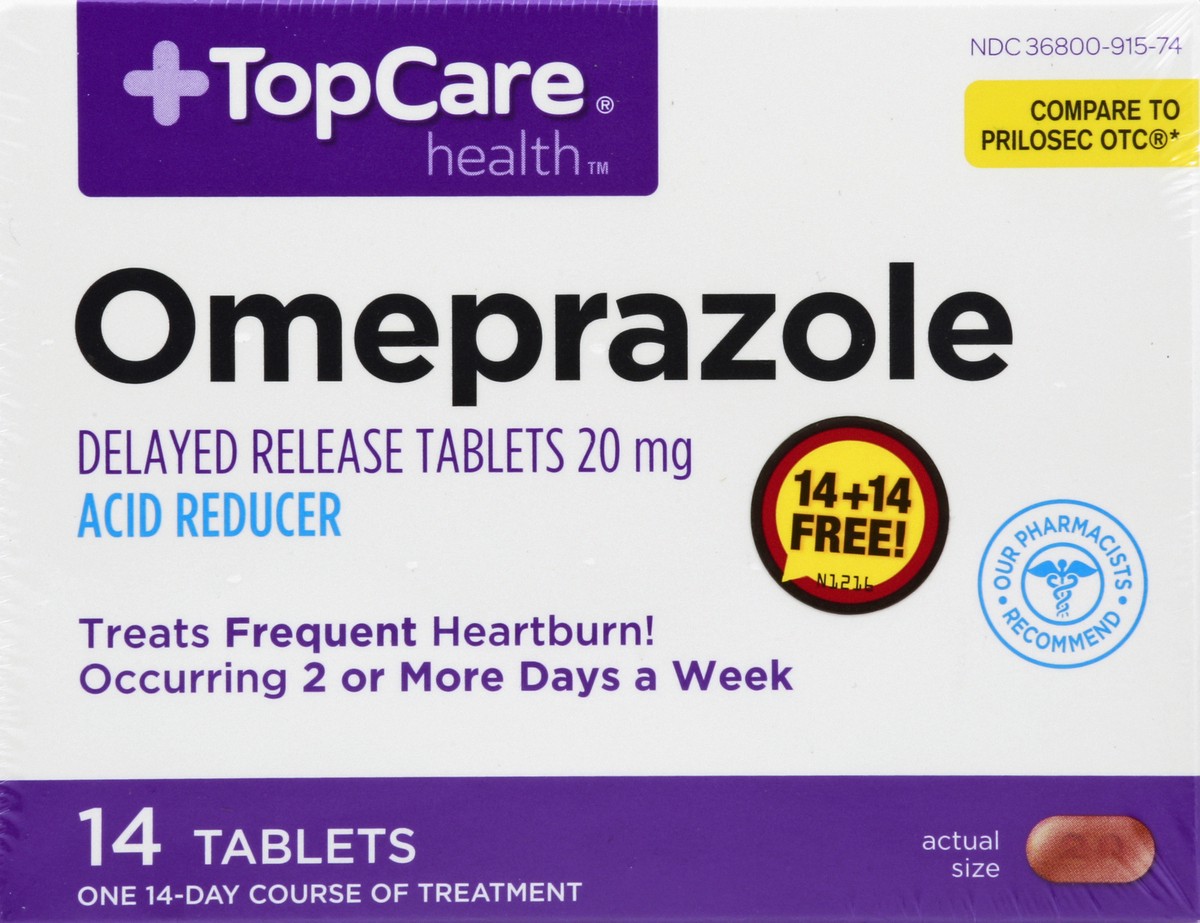 slide 4 of 4, TopCare Omeprazole, 20 mg, Delayed Release Tablets, 28 ct